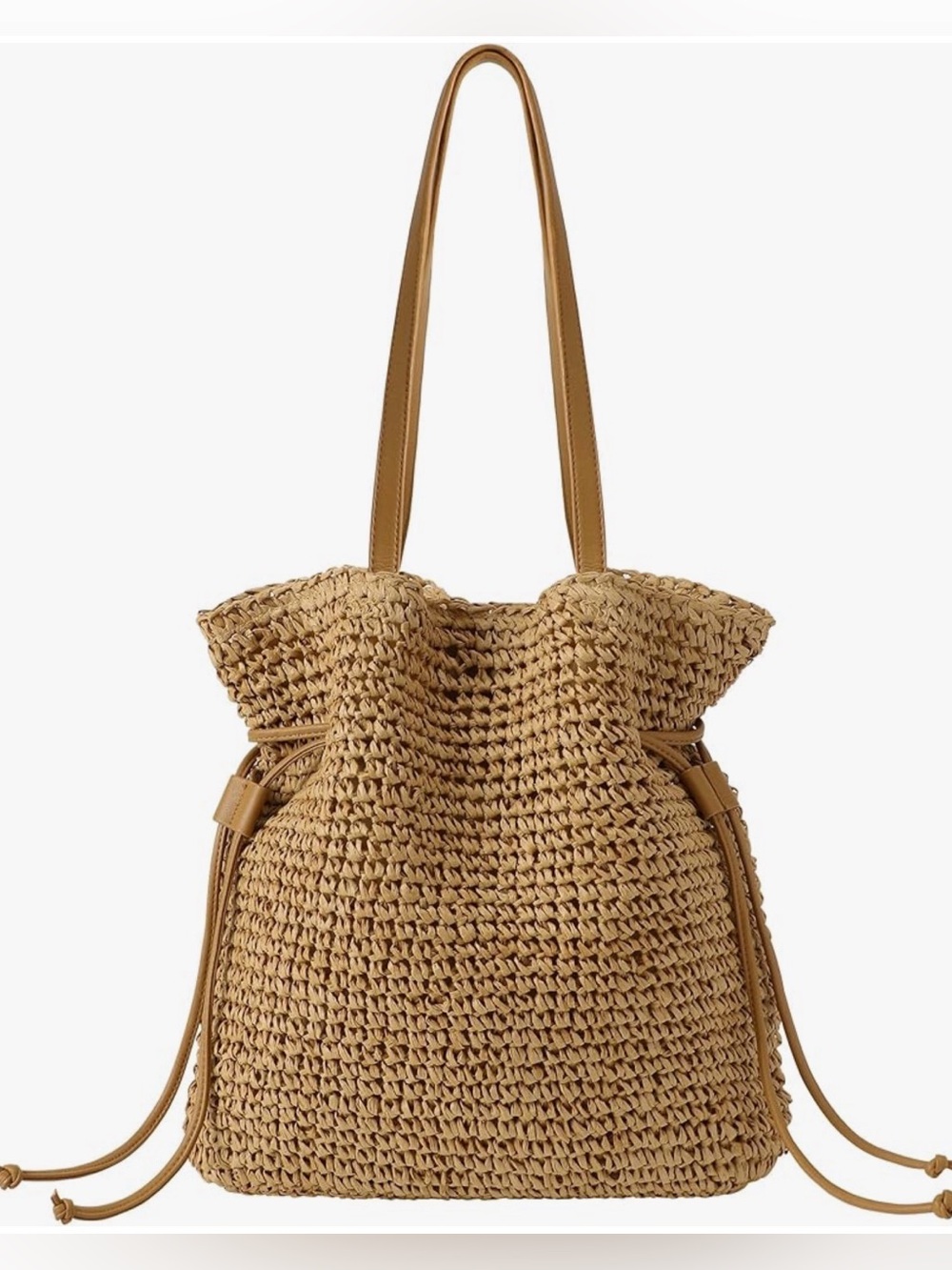 New Woven Straw Tote Bag - Tan Bohemian Drawstring Summer Shoulder Handbag